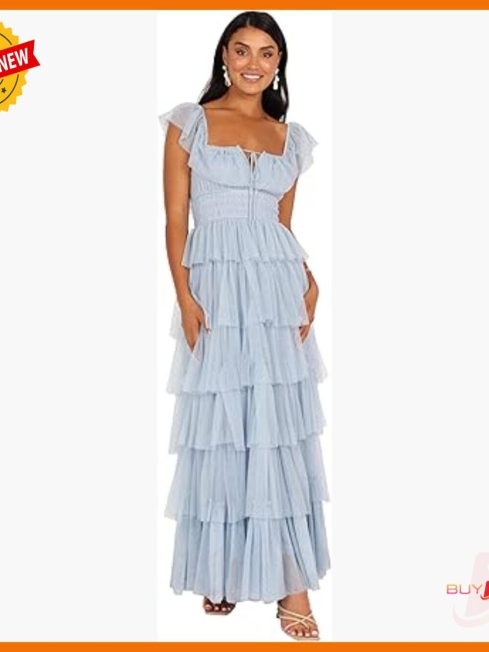 Tulle Maxi Dress with Square Neckline, Tie Front, and Tiered Ruffle Skirt